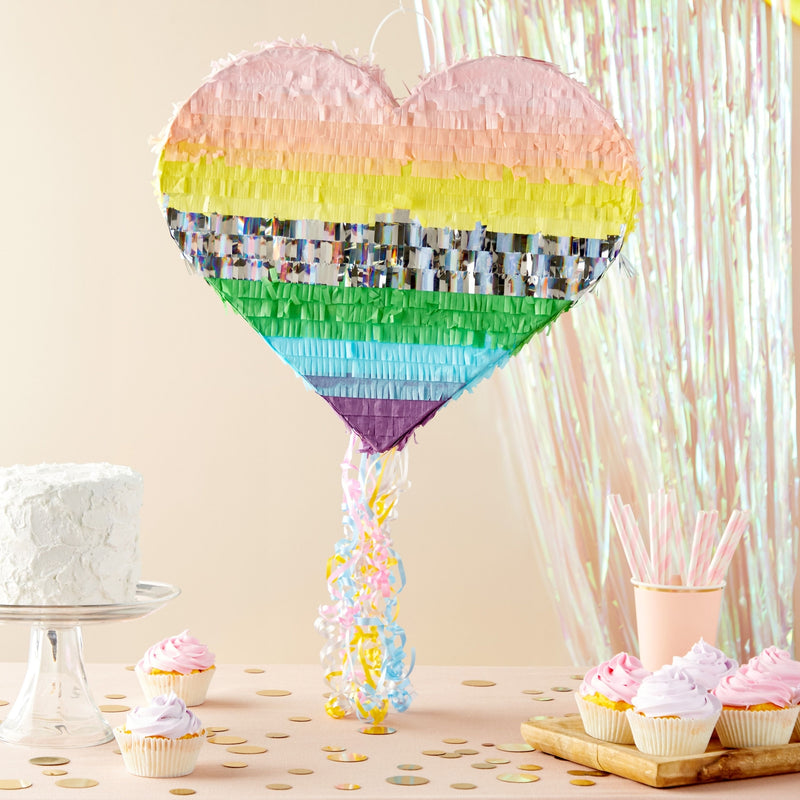 Pull String Rainbow Heart Pinata for Pastel Birthday Party Decorations (Small, 15.7 x 13 x 3 In)