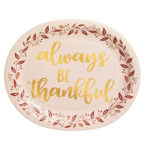 24-Pack Large Oval Thanksgiving Paper Plates, Heavy Duty Serving Plates with Fall Leaves, Pink with Gold Foil (13x11 in)