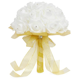 Fake Rose Wedding Bouquet with Rhinestones (White, Gold, 9 x 12 In)