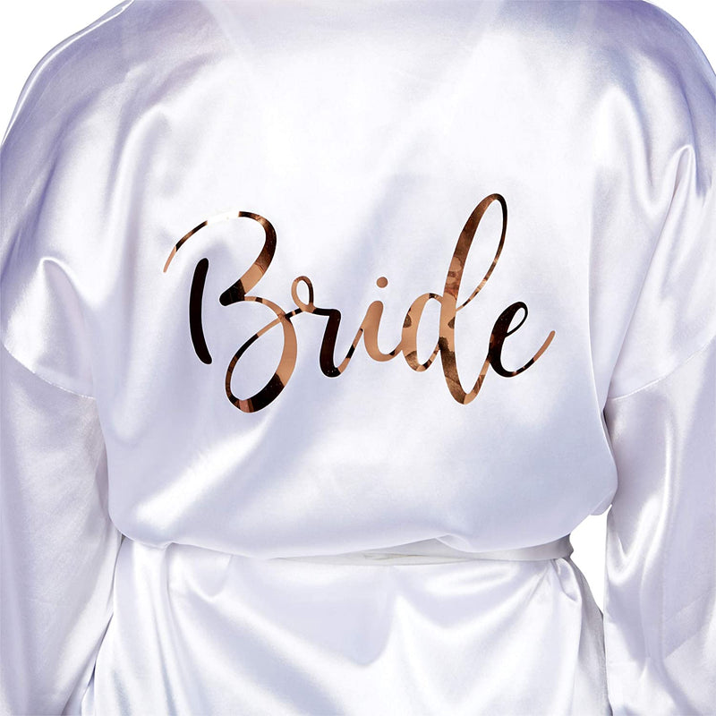 White Satin Kimono Robe for Bride, Rose Gold Letters (X-Small to Small)