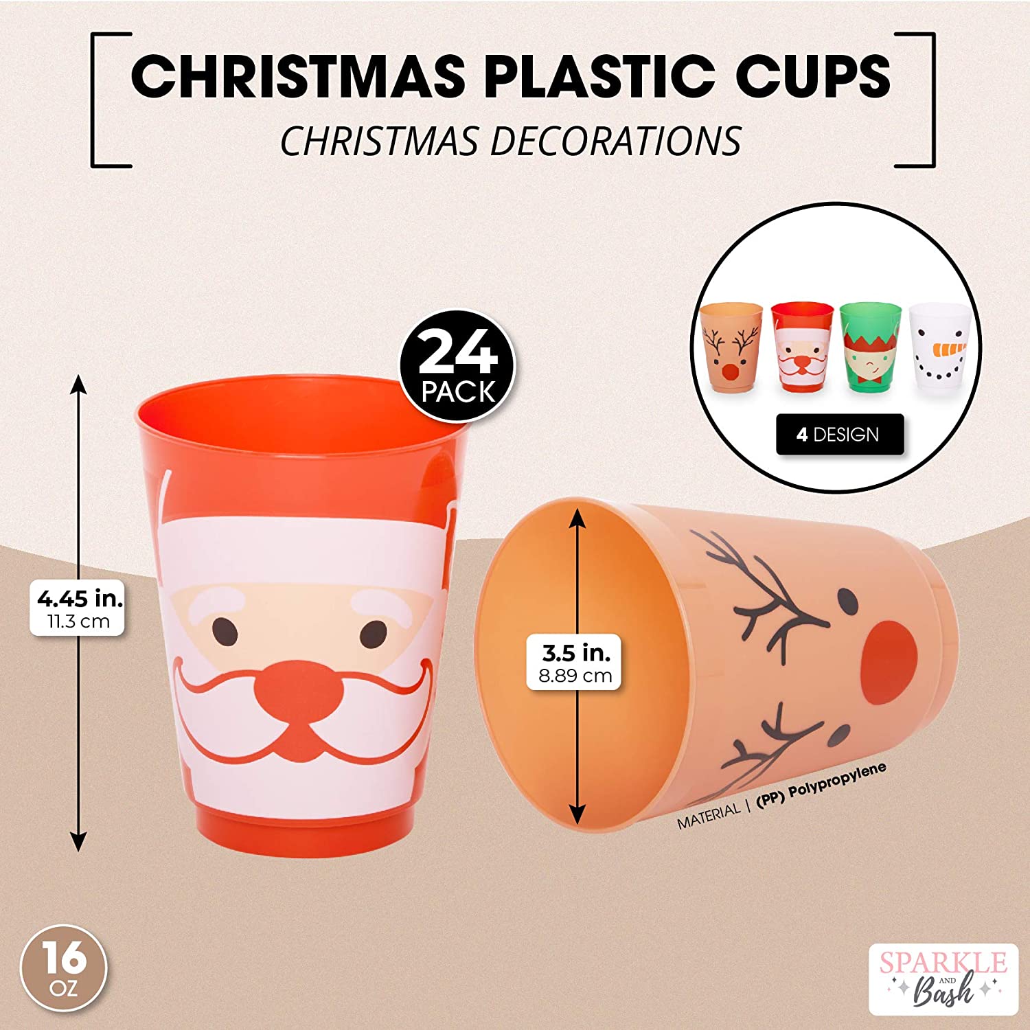 Sparkle and Bash 24 Pack Plastic Christmas Cups for Kids, 16oz Reusable  Tumblers for Holiday Party Supplies (4 Designs)