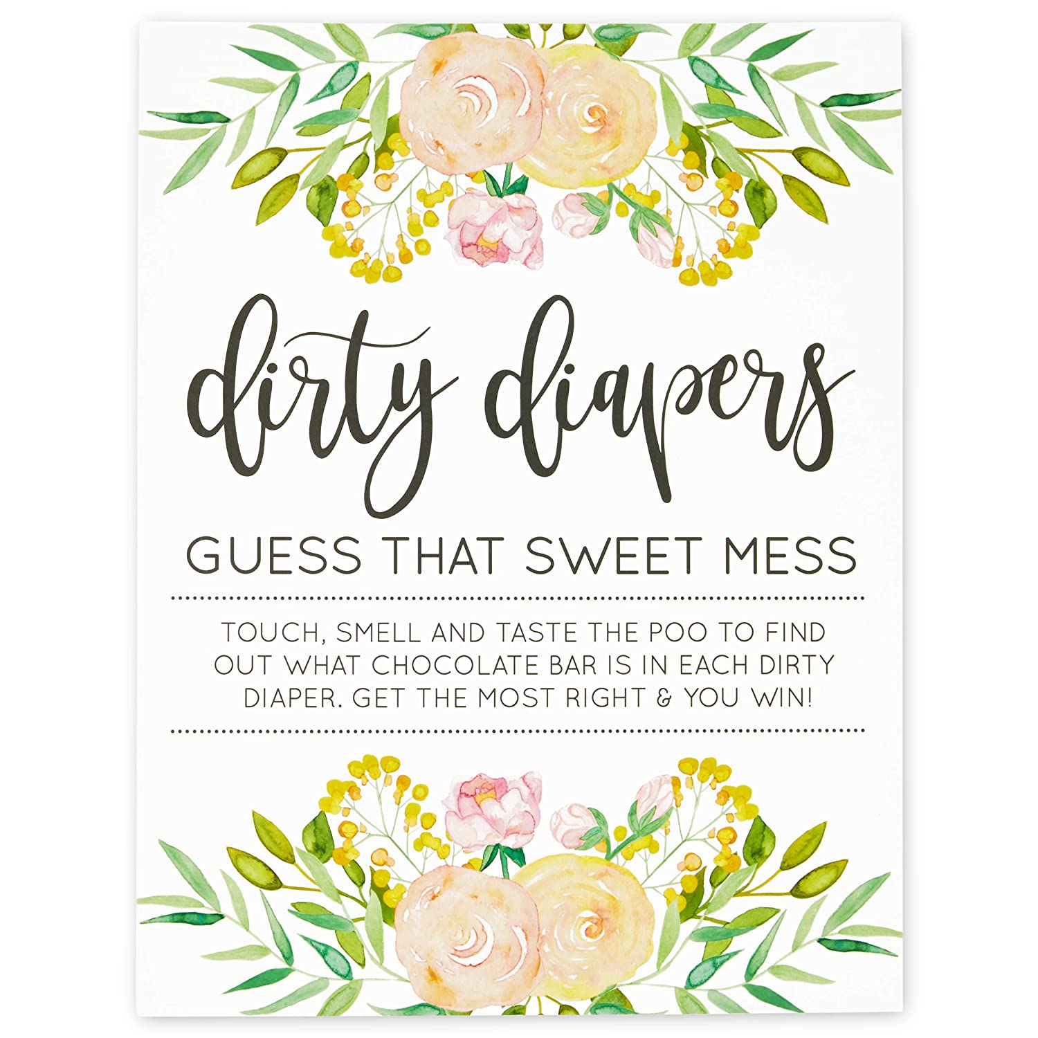 Dirty Diaper Game Baby Shower Fun Easy Guessing Game Cards Floral 60 Pack