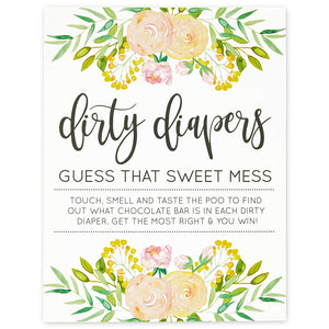 Dirty Diaper Game Baby Shower Fun, Easy Guessing Game Cards (Floral, 60 Pack)