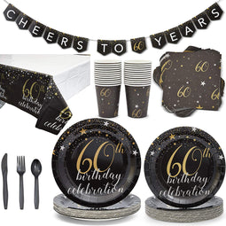 60th Birthday Party Bundle, Includes Plates, Napkins, Tablecloth, Banner, Cups and Cutlery (Serves 24,170 Pieces)