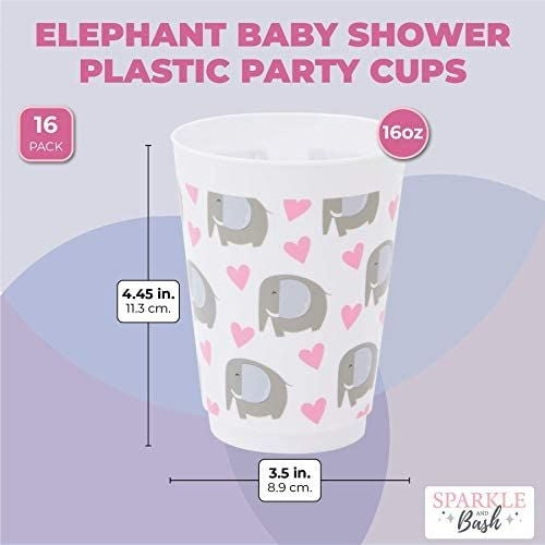 16 oz Plastic Tumbler Cups, Elephant Baby Shower Decorations for Girl (16 Pack)