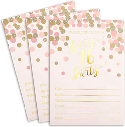 36-Pack Sweet 16 Birthday Party Invitations With Envelopes for RSVP Party (Pink & Gold, 7 x 5 In)