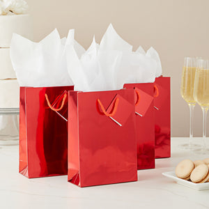 20-Pack Small Metallic Gift Bags with Handles, 5.5x2.5x7.9-Inch Paper Bags with Foil Coating, White Tissue Paper Sheets, and Tags for Small Business (Red)
