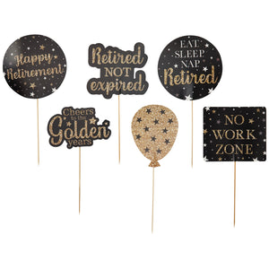 Happy Retirement Decorations Party Centerpieces, Black and Gold Stick Table Toppers, 5 Designs (30 Pieces)