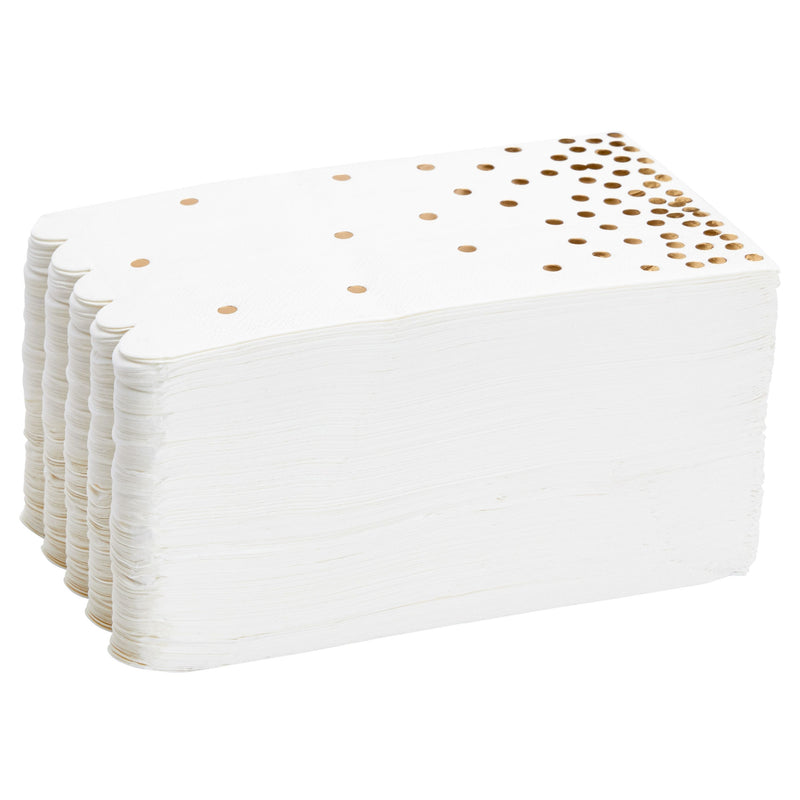 100-Pack White and Gold Scalloped Dinner Napkins - Gold Polka Dot Disposable Paper Napkins for Wedding Reception, Rehearsal Dinner (4x8 In)
