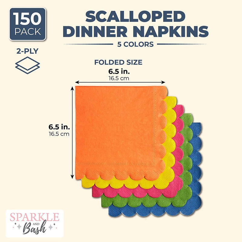 150 Pack Rainbow Colored Scalloped Napkins for Fall, Fiesta, Birthday Parties (6.5 x 6.5 In, 5 Colors)