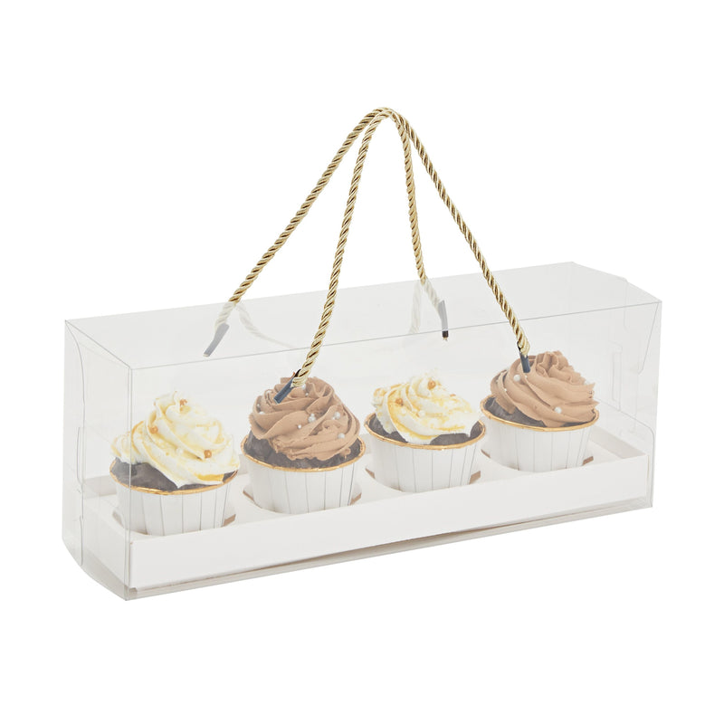 12 Pack Clear Cupcake Boxes with Gold Rope Handle and White Inserts, 4 Compartments (12.7 x 4.7 x 3.6 In)