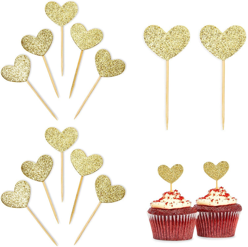 200 Pack Glitter Heart Cake Topper for Valentines, Gold Heart Decorations for Cupcakes (3.2 Inches)