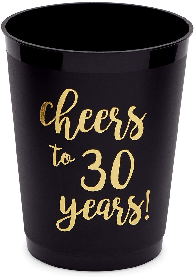 16 Pack Cheers to 30 Years Plastic Party Cups - 30th Birthday Decorations for Men and Women, Anniversaries (Black, 16 oz)