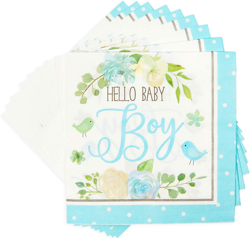 Blue Baby Shower Paper Napkins, Hello Baby Boy (6.5 Inches, 100 Pack)