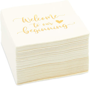 Wedding Cocktail Napkins, Welcome to our Beginning (White, 5 In, 100 Pack)