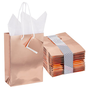 20-Pack Small Metallic Gift Bags with Handles, 5.5x2.5x7.9-Inch Paper Bags with Foil Coating, White Tissue Paper Sheets, and Tags for Small Business (Rose Gold)