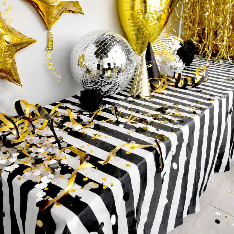 3 Pack Black and White Striped Tablecloth for Rectangular Tables, 9 ft Disposable Plastic Table Cover for Christmas, New Year's Eve Party Decorations (54 x 108 In)