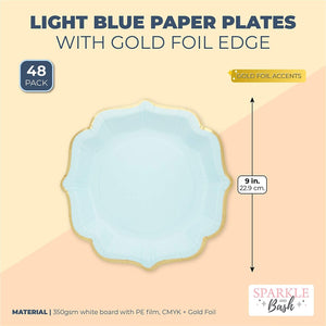 Light Blue Paper Party Plates with Gold Foil Scalloped Edging (9 In, 48 Pack)