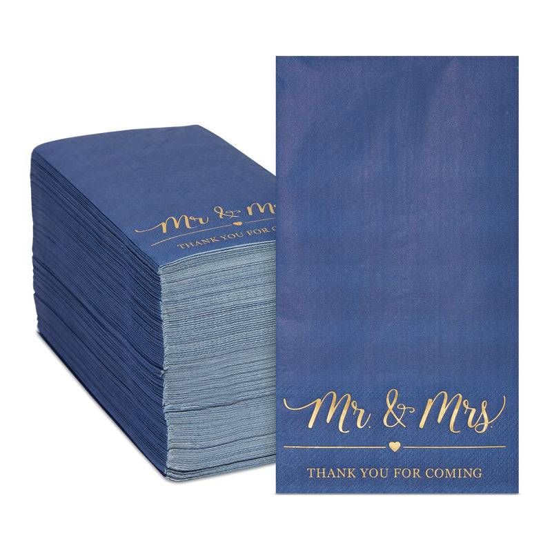 100 Pack Navy Blue Napkins for Wedding Reception with Gold Foil, Mr and Mrs (3-Ply, 4 x 8 In)