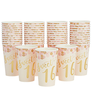50 Pack 16 oz Paper Pink Party Cups for Girls Sweet 16 Party Supplies (Rose Gold Foil)