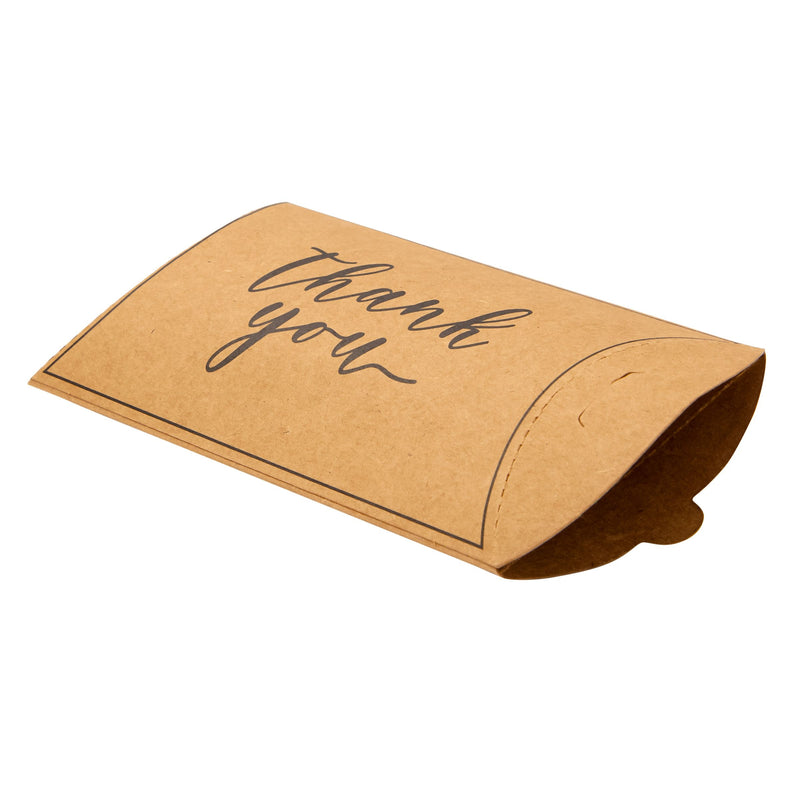 100-Pack Wedding Favor Pillow Boxes, Bulk 5.2x3.2-Inch Kraft Paper Thank You Gift Boxes with 1 Roll Jute String for Party Favors (Brown with Black Script)
