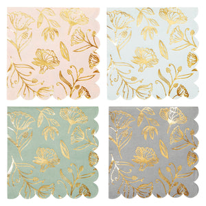 100 Pack Gold Foil Floral Paper Napkins for Wedding Reception, Scalloped Edges, 4 Colors, (English Garden, 5 x 5 In)