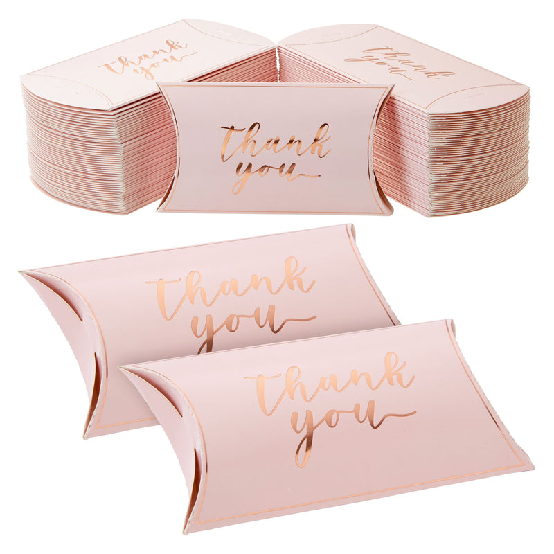 100-Pack Wedding Favor Pillow Boxes, Bulk 5.2x3.2-Inch Kraft Paper Thank You Gift Boxes with 1 Roll Jute String for Party Favors (Pink with Gold Script)