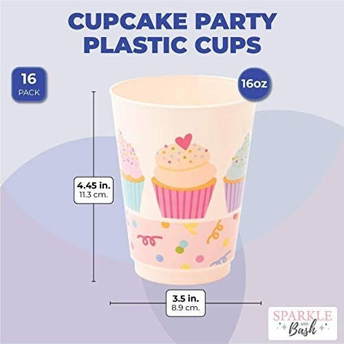 Pink Plastic Tumbler Cups, Cupcake Party Decorations (16 oz, 16 Pack)
