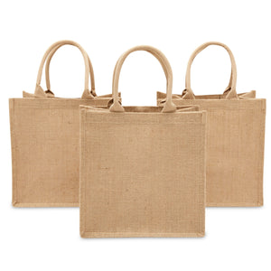 12 Pack of Natural Burlap Tote Bags with Handles 12 x 12 x 7.7 Inches for Groceries, Shopping, Beach, DIY Crafts, Art Projects, Bachelorette Party, Reusable Bulk Set
