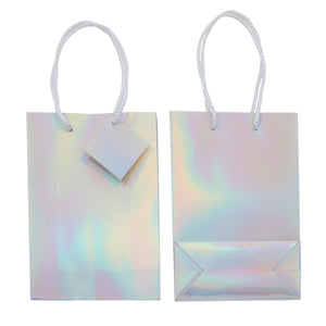 20-Pack Small Metallic Gift Bags with Handles, 5.5x2.5x7.9-Inch Paper Bags with Foil Coating, White Tissue Paper Sheets, and Tags for Small Business (Holographic)