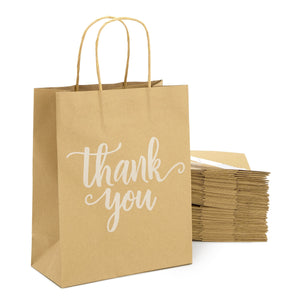 50 Pack Medium Brown Thank You Bags with Handles for Boutique, Small Business (10 x 8 x 4 In)