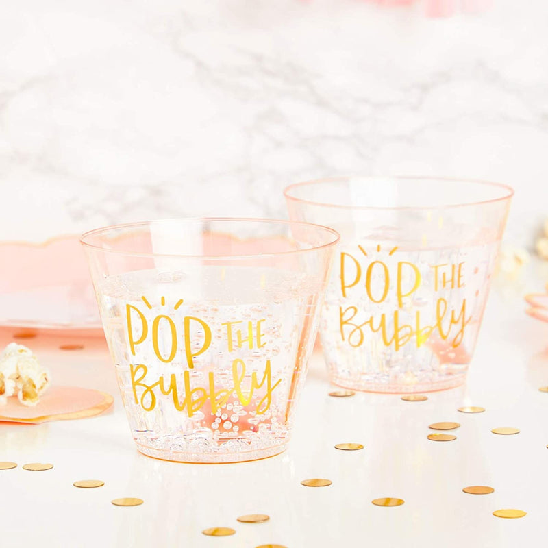 Plastic Wine Cups for Bridal Shower, Pop the Bubbly (9 oz, 50 Pack)