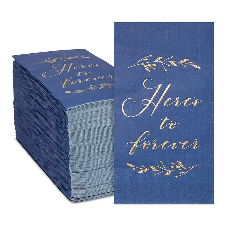 100 Pack Navy Blue Napkins for Wedding Reception with Gold Foil, Here's To Forever (3-Ply, 4 x 8 In)