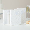 24 Pack Small White Paper Gift Bags with Handles and Tags for Small Business, 4 Silver Foil Designs (7.9 x 5.5 x 2.5 In)