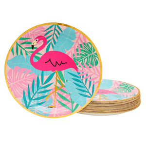 48 Pack Tropical Plates with Gold Foil for Hawaiian Luau, Pink Flamingo Birthday Party Supplies (9 in)