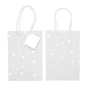 24 Pack Small White Paper Gift Bags with Handles and Tags for Small Business, 4 Silver Foil Designs (7.9 x 5.5 x 2.5 In)
