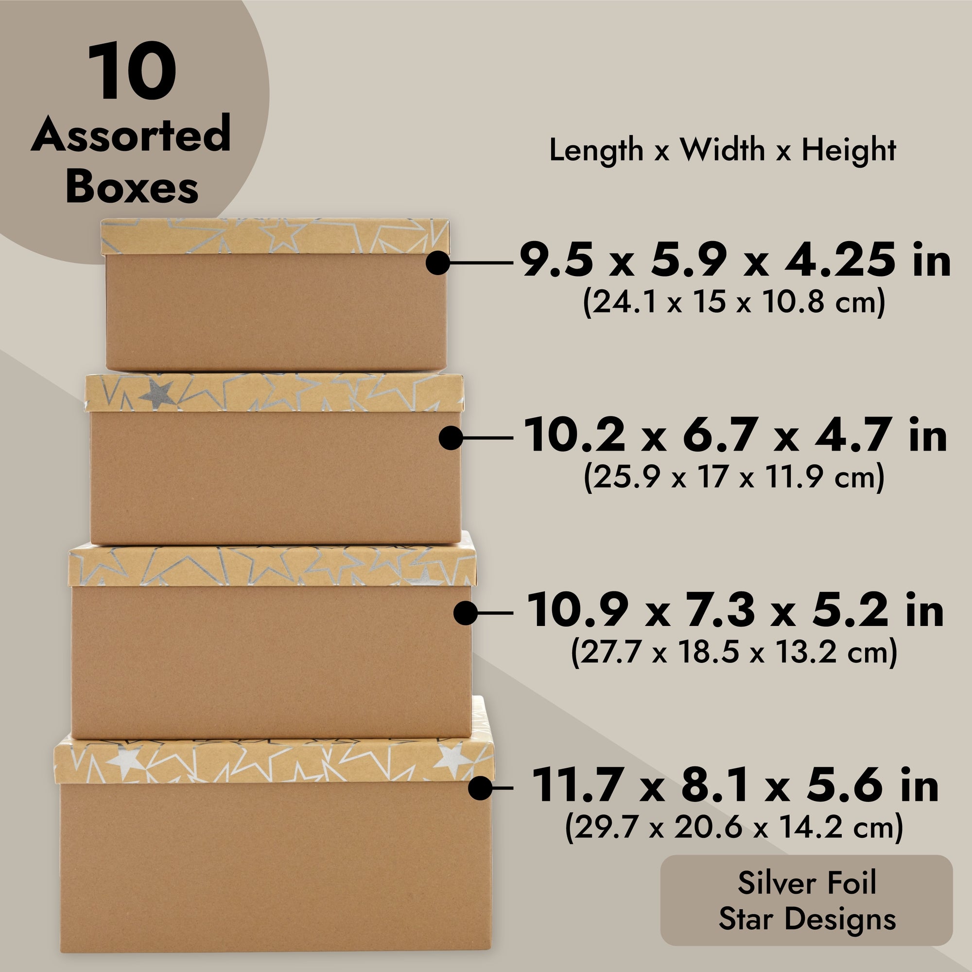 Set of 10 Nesting Gift Boxes with Lids, Cardboard Box with Silver