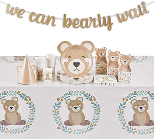 Serves 24 Teddy Bear Themed Baby Shower Party Supplies with Hat, Banner, Tablecloth, Treat Boxes, Paper Plates, Napkins, Cups