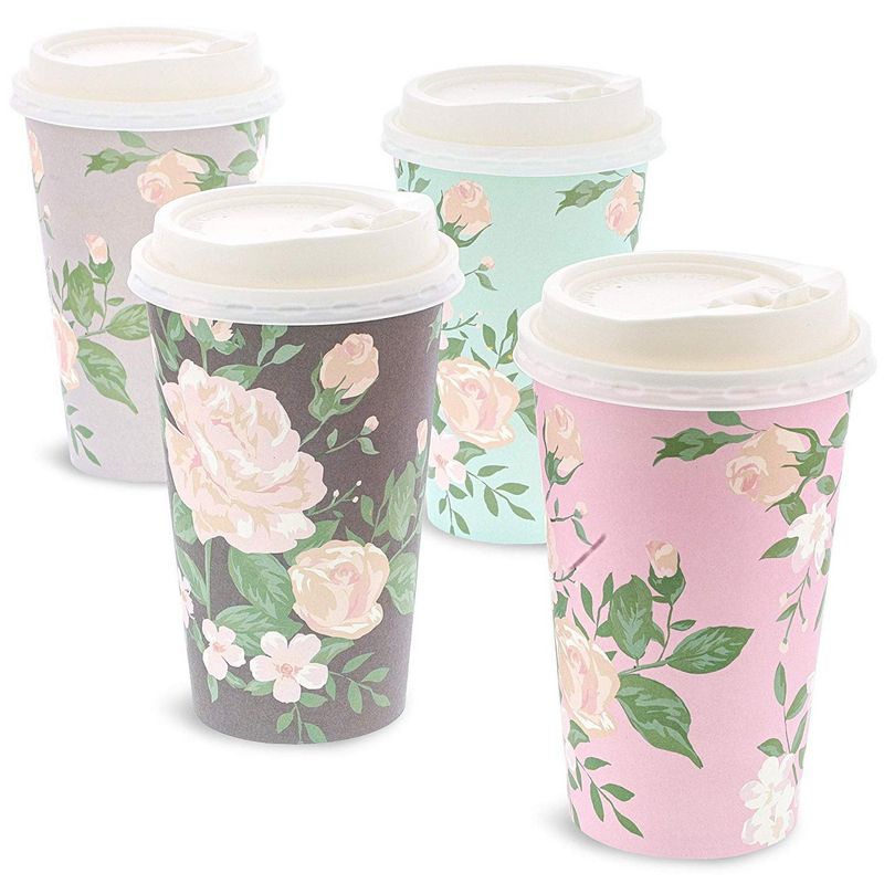 48 Pack Vintage Floral Paper Insulated Coffee Cups with Lids, 4 Designs, 16 Ounces
