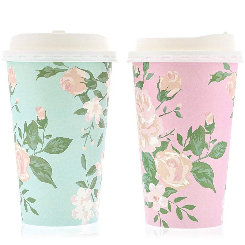 48 Pack Disposable 16 oz to Go Paper Coffee Cups with Lids for Floral Party Supplies, Wedding Shower, 4 Pastel Colors