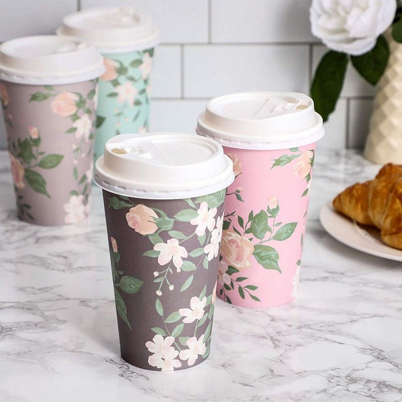24 Pack Vintage Floral Paper Insulated Coffee Cups with Lids, 4 Designs, 16 Ounces