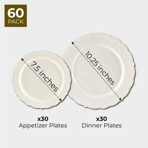 Cream Plastic Plates for Party, Elegant Vintage-Theme (2 Sizes, 30 Pieces)