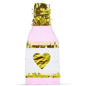 Champagne Bottle Party Pinata with Gold Foil (Pink, White, 16.5 x 7 x 3 Inches)