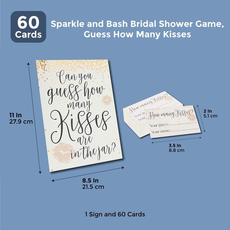 Sparkle and Bash Bridal Shower Game with 1 Sign and 60 Cards, Guess How Many Kisses