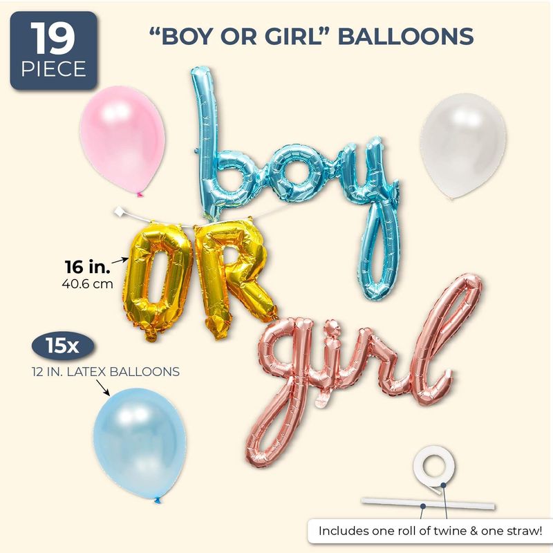 Gender Reveal Foil Party Balloons, Boy or Girl (19 Piece Set)