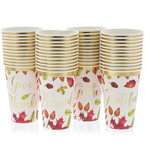 xo, Fetti Thanksgiving Gold Foil Plastic Cups - 30 Disposable Foil 12 oz Cups | Give Thanks Decorations, Festive Party Cups, Autumn Leaves, Pumpkins