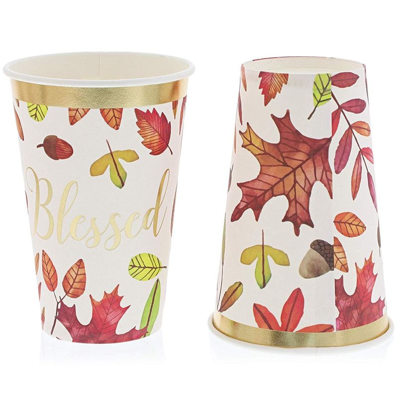 xo, Fetti Thanksgiving Gold Foil Plastic Cups - 30 Disposable Foil 12 oz Cups | Give Thanks Decorations, Festive Party Cups, Autumn Leaves, Pumpkins