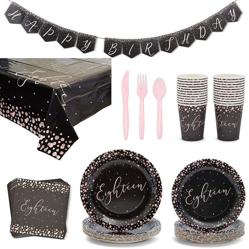 18th Birthday Party Pack, Includes Plates, Napkins, Tablecloth, Banner, Cups, and Cutlery (170 Pieces, Serves 24)