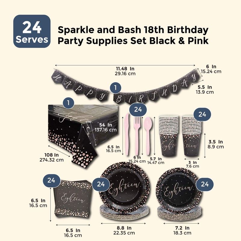 18th Birthday Party Pack, Includes Plates, Napkins, Tablecloth, Banner, Cups, and Cutlery (170 Pieces, Serves 24)