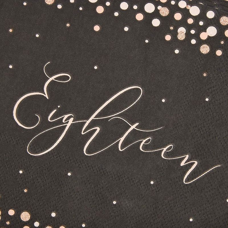 18th Birthday Napkins with Rose Gold Polka Dots (6.5 x 6.5 In, Black, 100 Pack)